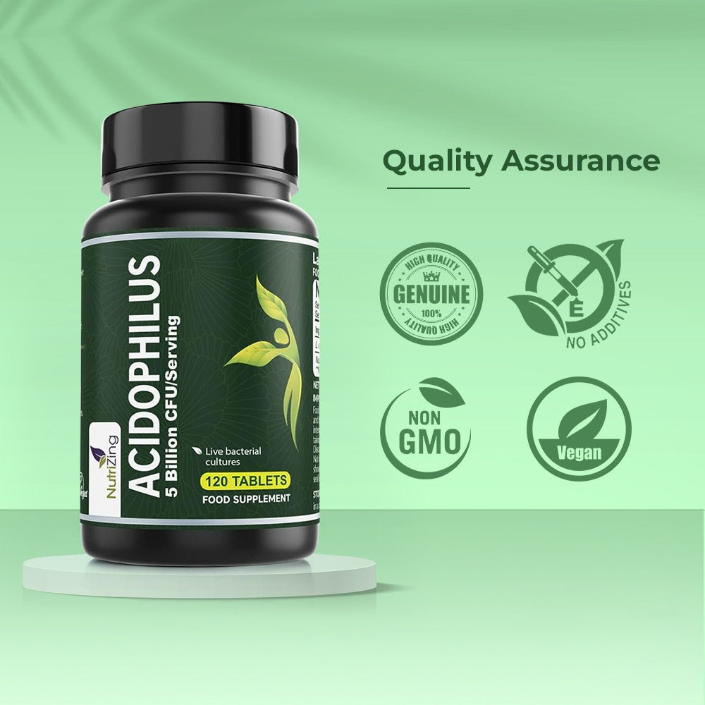 High Strength Lactobacillus Acidophilus For Optimizing the Gut Function | 5bn CFU/Serving - 120 Tablets | Easy to Swallow and Vegan | Made in UK by NutriZing